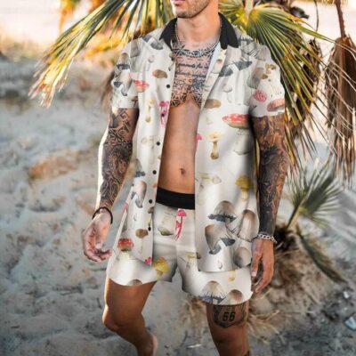 Shopnova Men's Mushroom Summer Beach Shirt Set Button Down Shirt Suits