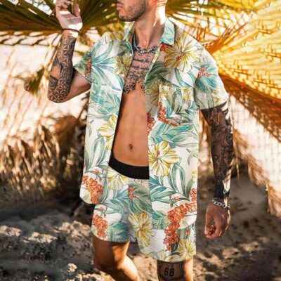 Shopnova Men's Hawaii Sets Aloha Shirt Set Lily Flower with Green Leaf in White
