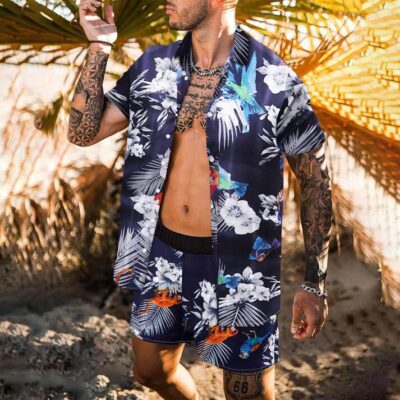 Shopnova Men's 3D Print Vacation Outfits Rosort Wear Two Pieces Sets