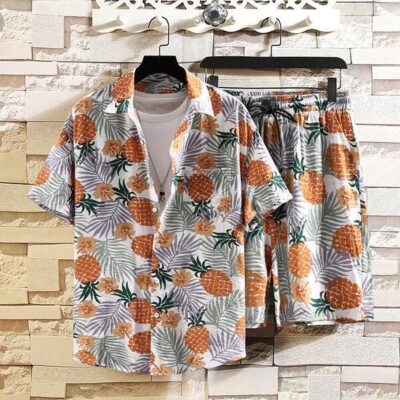 Shopnova Men's Relaxed Fit Button up Pineapple Casual Holiday Two-Piece Set