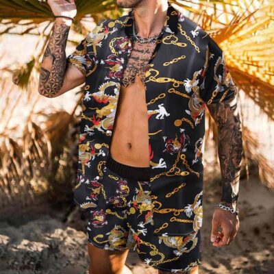 Shopnova Men's Dragon Relaxed Fit Terry Shirt Set Button Down Shirt Suits