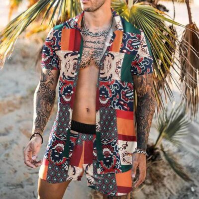 Shopnova Men's Vintage Ethnic Hawaii Terry Shirt Set 2 Pieces Sets
