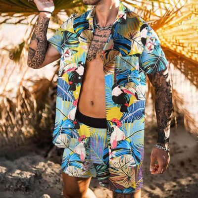 Shopnova Men's Hawaii Sets Aloha Shirt Set Lily Flower with Leaf in Blue