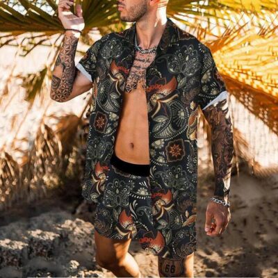 Shopnova Men's Vintage Floral Hawaii Terry Shirt Set 2 Pieces Sets