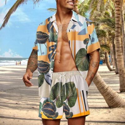 Shopnova Men's Hawaii Sets Aloha Shirt Set Floral with Green Leaf in White