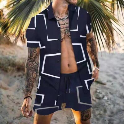 Shopnova Men's Geometry Casual Shirt Set 2 Pieces Sets