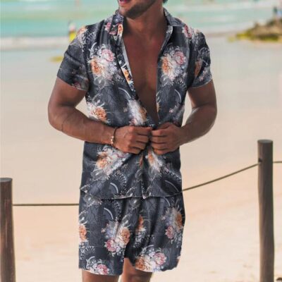 Shopnova Men's Floral Hawaii Terry Shirt Set Button Down Shirt Suits