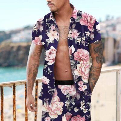 Shopnova Men's Floral Hawaii Terry Shirt Set Button Down Shirt Suits