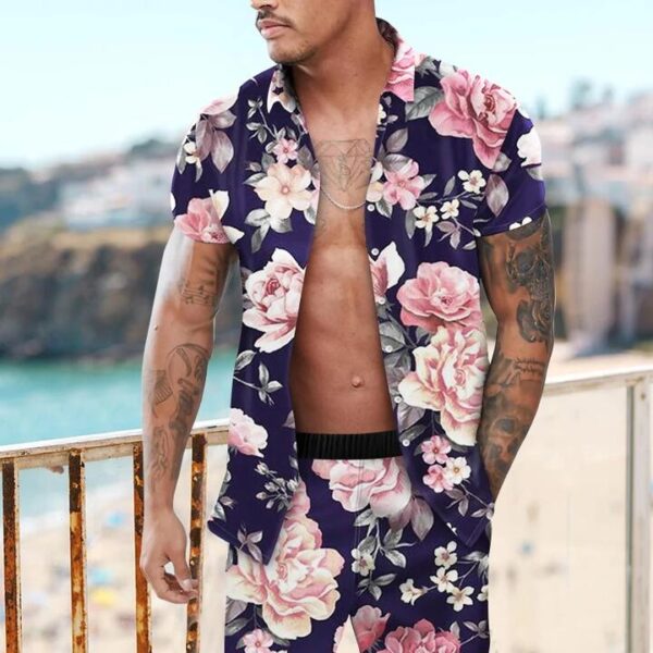 Shopnova Men's Floral Hawaii Terry Shirt Set Button Down Shirt Suits