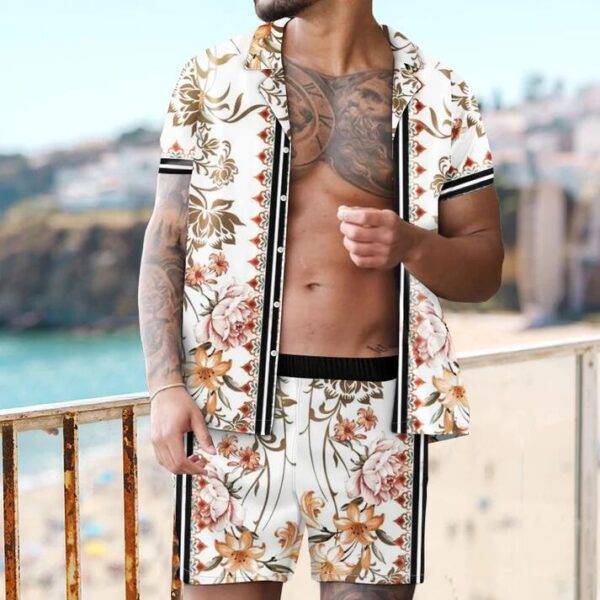 Shopnova Men's Floral Hawaii Shirt Set Button Down Shirt Suits
