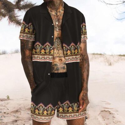 Shopnova Men's Summer Totem Print Shirt and Short 2 Piece Vacation Outfits Sets