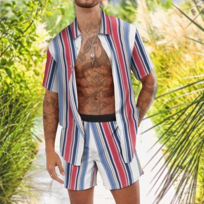 Shopnova Men's Stripe Casual Shirt Set 2 Pieces Sets