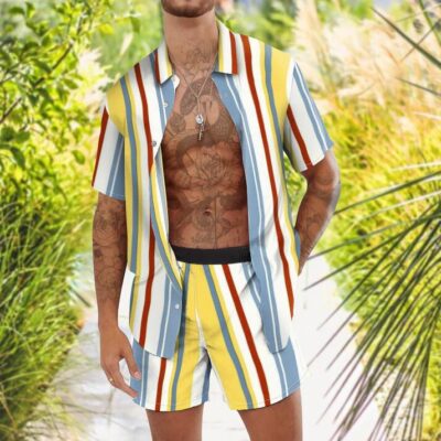 Shopnova Men's Stripe Casual Shirt Set 2 Pieces Sets