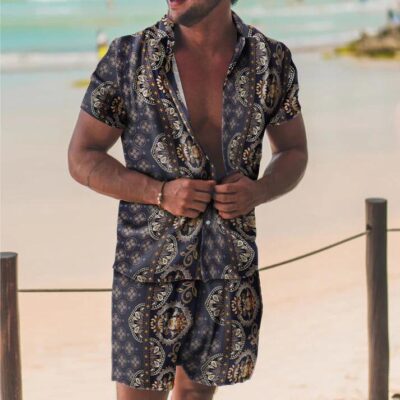 Shopnova Men's Vintage Floral Hawaii Terry Shirt Set 2 Pieces Sets