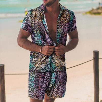 Shopnova Men's Summer Laser Auspicious Clouds Print 2 Piece Vacation Outfits Sets