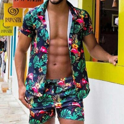Shopnova Men's Hawaii Sets Aloha Shirt Set Flamingos with Green Leaf in Blue