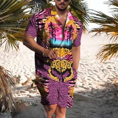 Shopnova Men's Hawaiian Shirt and Short 2 Piece Vacation Outfits Sets