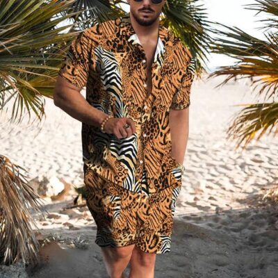 Shopnova Men's Summer Hawaiian Shirt 3D Tiger Print Outdoor Casual Turndown Shirt Set
