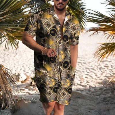 Shopnova Men's Hawaiian Shirt and Short 2 Piece Vacation Outfits Sets