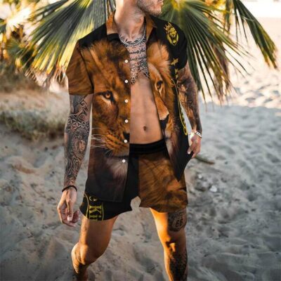 Shopnova Men's Summer Hawaiian Shirt 3D Lion Print Outdoor Casual Turndown Shirt Set
