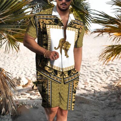 Shopnova Men's Summer Hawaiian Shirt 3D Leopard Print Outdoor Casual Turndown Shirt Set