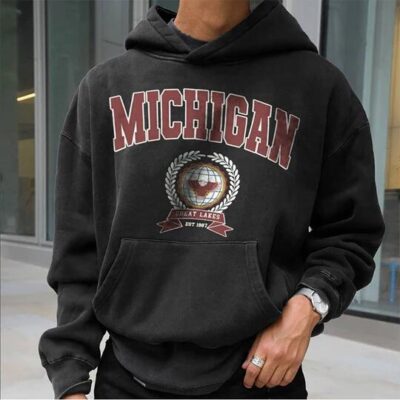 Michigan Graphic Print Men's Fleece Hoodie Black 320g by Shopnova