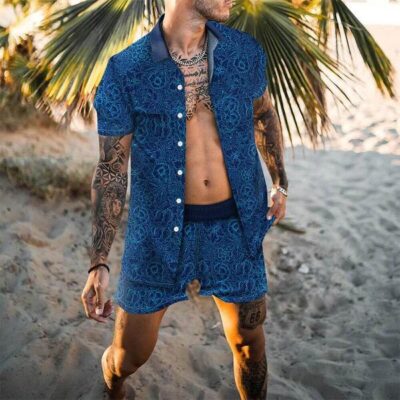 Shopnova Men's Floral Print Blue Shirt Sets Hawaiian Shirts & Shorts