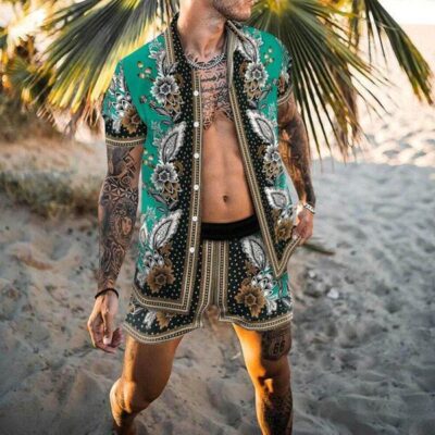 Shopnova Men's Hawaiian Shirt and Short 2 Piece Vacation Outfits Sets