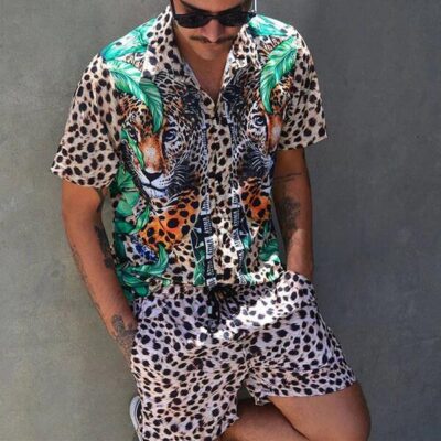 Shopnova Men's Summer Hawaiian Shirt 3D Leopard Print Outdoor Casual Turndown Shirt Set