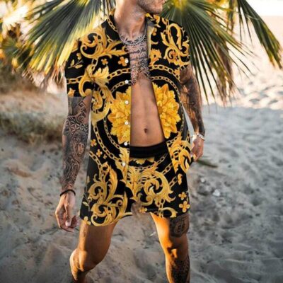 Shopnova Men's Hawaiian 3D Floral Print Shirt and Short 2 Piece Vacation Outfits Sets