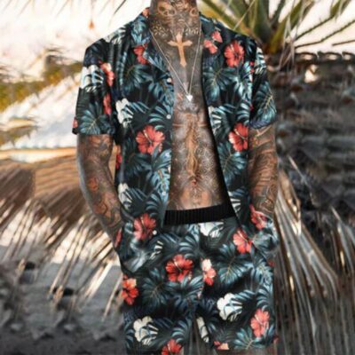Shopnova Men's Hawaii Sets Aloha Shirt Set Floral with Green Leaf in Blue