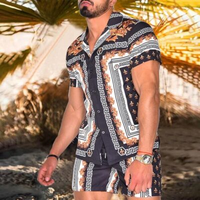 Shopnova Men's Hawaiian Shirt & Shorts Set Two Pieces