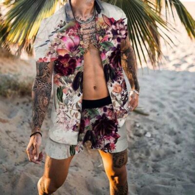 Shopnova Men's Hawaii Sets Aloha Shirt Set Purple Floral in White