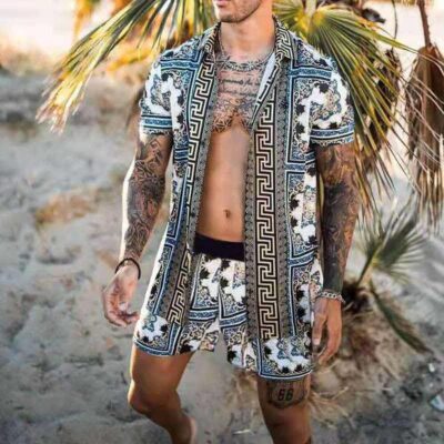 Shopnova Men's Hawaiian Shirt and Short 2 Piece Vacation Outfits Sets