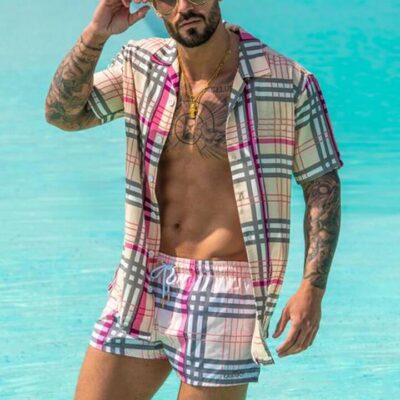 Shopnova Men's Plaid Summer Shirt Set Button Down Shirt Suits