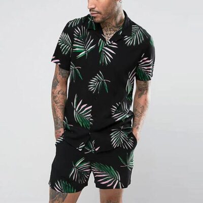 Shopnova Men's Relaxed Fit Button up Leaf Casual Holiday Two-Piece Set