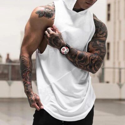 Athletic-inspired Mesh Panel Men's Cotton Hoodie Tank Top by Shopnova
