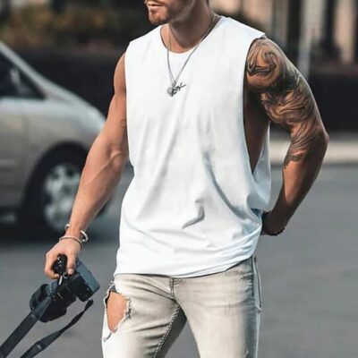 Shopnova Plain Basic Men's Fashion Drop Armhole Tank Top White