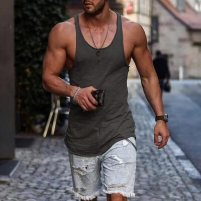 Shopnova Men's Dark Grey Basic Casual Sleeveless jersey Tank Top-A