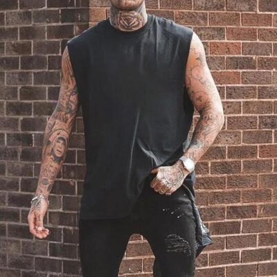 Shopnova Plain Loose Sports Casual Round Neck Men's Black Tank Top