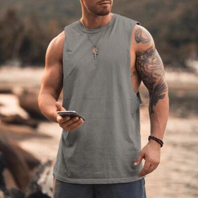 Shopnova Plain Basic Men's Fashion Drop Armhole Tank Top Grey