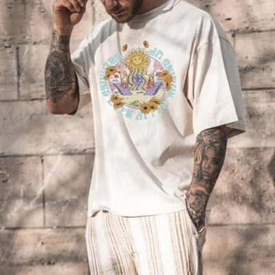 Sun & Moon Floral Printed Oversized Streetwear Men's T-Shirts, White by Shopnova