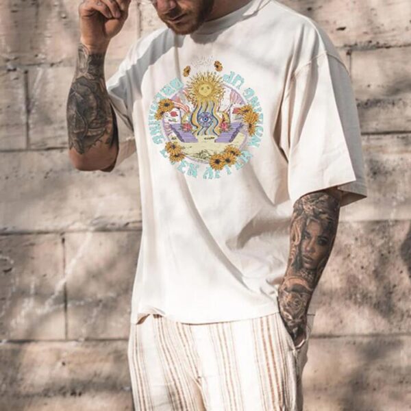Sun & Moon Floral Printed Oversized Streetwear Men's T-Shirts, White by Shopnova