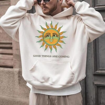 Sun & Letter Graphic Print Men's White Oversize Hoodie by Shopnova