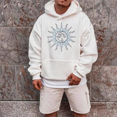 Sun & Moon Graphic Print Men's White Fleece Hoodie by Shopnova 320g