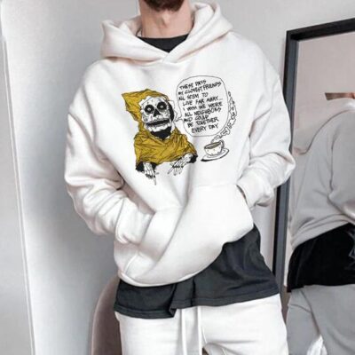 Shopnova Skull Print Men's White Fleece Hoodie 320g