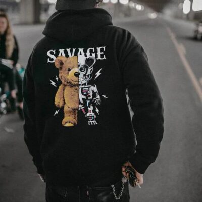 Shopnova Savage Bear Graphic Print Men's Fleece Black Hoodie 320g