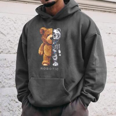 Shopnova Mechanical Bear Graphic Print Men's Fleece Hoodie 320g