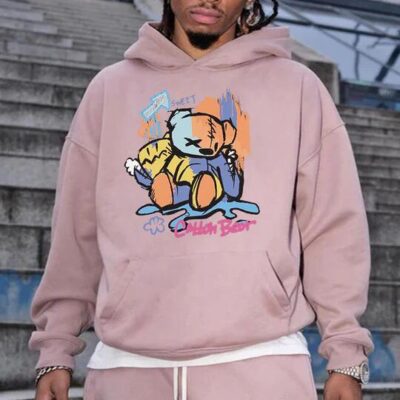Shopnova Cotton Bear Graphic Print Men's Fleece Hoodie Pink 320g
