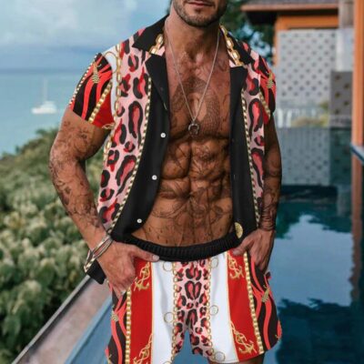 Shopnova Men's Leopard Print Summer Vacation Two Pieces Outfits